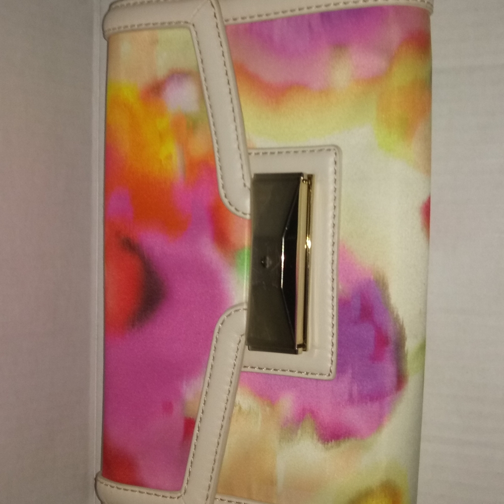KATE SPADE MULTI COLOR SATIN CLUTCH WITH LEATHER TRIM - Picture 10 of 13